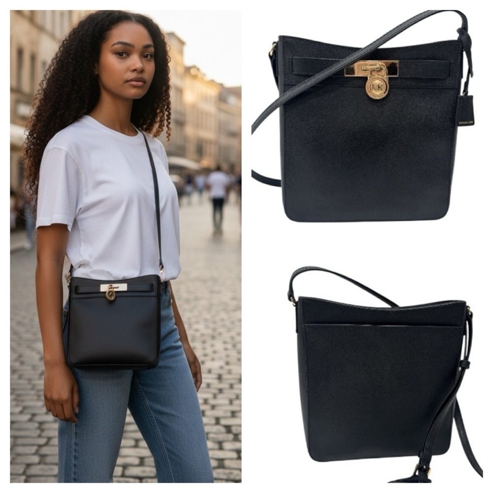 Michael Kors Black Crossbody Bag Hamilton Traveler Saffiano Leather Messenger